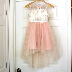 Rare Editions Pink Floral Embroidered Mesh Illusion Dress Hi Low Sparkle Skirt